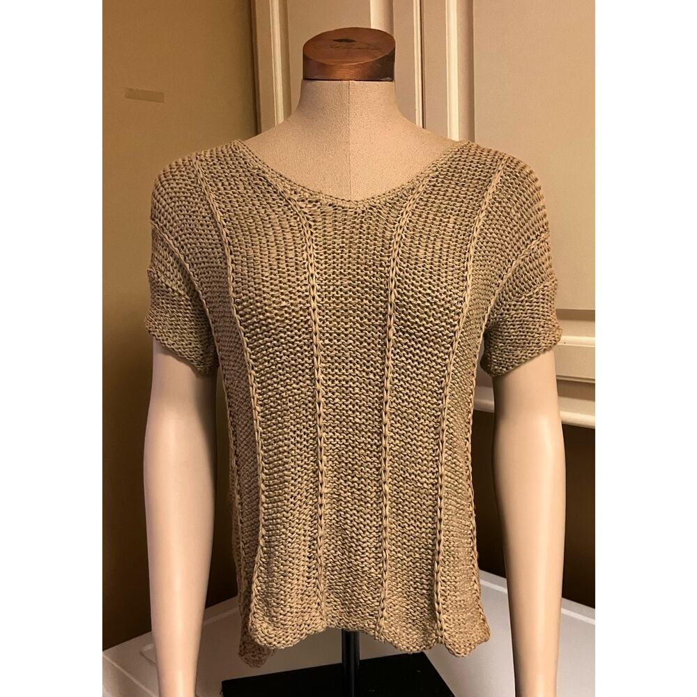 Vivienne Tam Tape Yarn Taupe V Neck Top‎ Medium, Gold Metallic, Beige MSRP $78